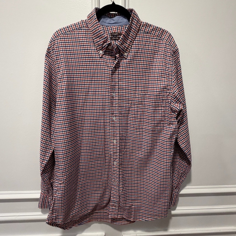J. McLaughlin Red White Gingham Check Trim Fit‎ Shirt Men's XL Egyptian Cotton
